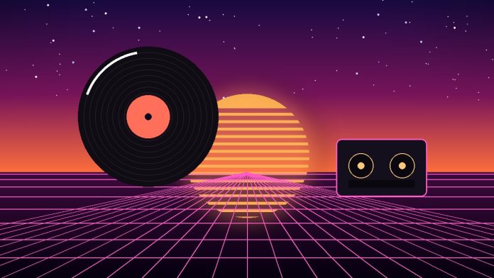 Ilustrație retro synthwave cu un disc de vinil, o casetă audio și un apus stilizat, simbol al muzicii anilor '80-'90