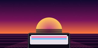 Ilustrație generică cu o casetă audio retro pe fundal synthwave cu apus și grilă neon, simbol al muzicii anilor '80-'90