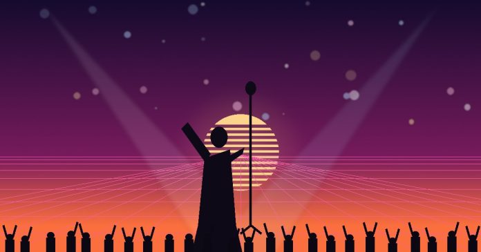 Siluetă de artistă pop la microfon pe o scenă retro synthwave, cu lumini de spot și public entuziast, simbol al erei muzicii pop din anii 80