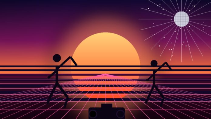 Ilustrație retro synthwave anii 80 cu siluete dansând, minge disco și boombox, simbol al erei Michael Jackson - Thriller