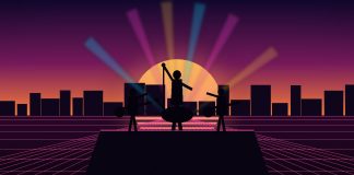 Ilustratie retro synthwave cu o trupa rock pe scena, siluete generice, fara persoane reale identificabile