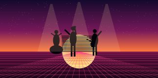 Siluete de muzicieni pe o scenă retro, sub lumini synthwave, ilustrație generică inspirată de atmosfera concertelor anilor 80