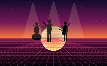 Siluete de muzicieni pe o scenă retro, sub lumini synthwave, ilustrație generică inspirată de atmosfera concertelor anilor 80