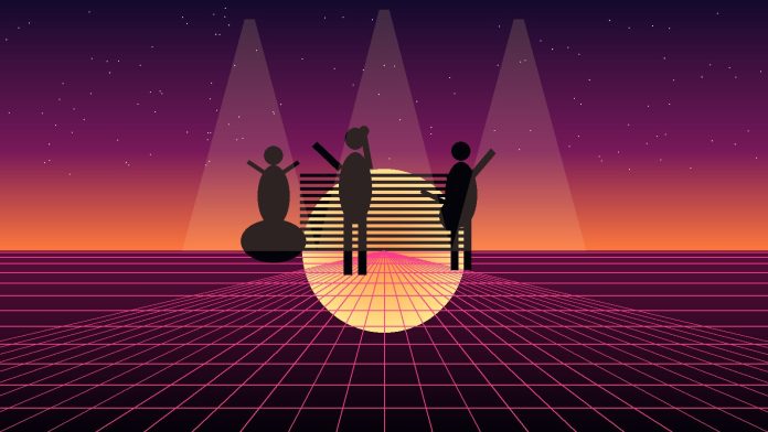 Siluete de muzicieni pe o scenă retro, sub lumini synthwave, ilustrație generică inspirată de atmosfera concertelor anilor 80
